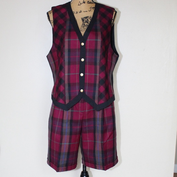 Vtg Nygard Collection Burgundy Black Plaid Worsted Wool Shorts Vest Set Womens S - Picture 1 of 13